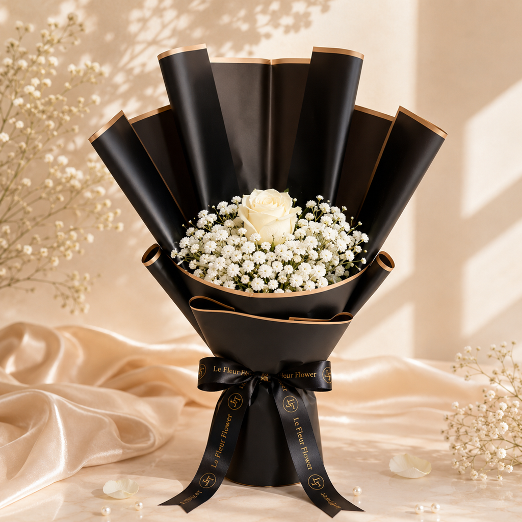 ช่อดอกกุหลาบสีขาว Le Fleur Midnight Elegance
