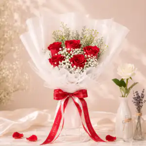 ช่อดอกกุหลาบแดง 5 ดอก Le Fleur Rouge Éternel