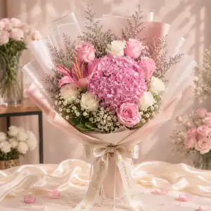 ช่อดอกไฮเดรนเยียชมพู กุหลาบสีชมพูขาว Le Fleur Rosé Hydrangea Éclat
